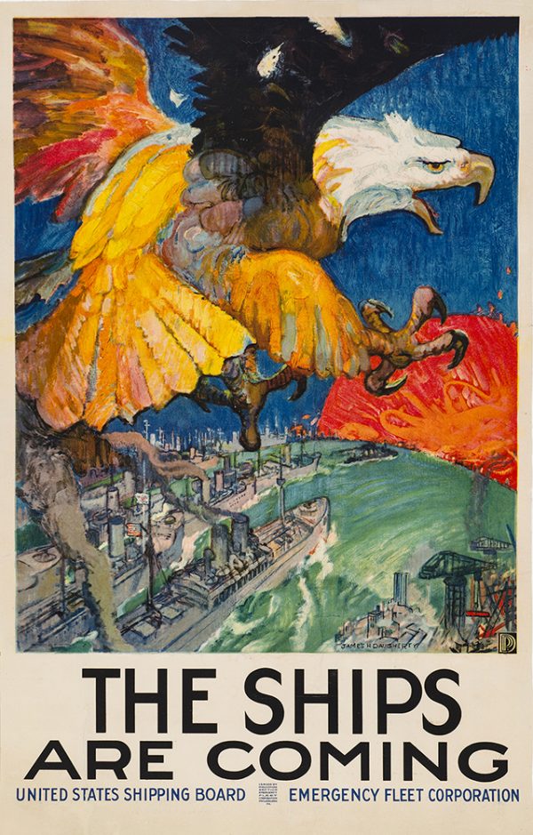 WWI, An eagle flies over a fleet of ships.
