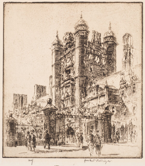 A Jacobean style building with towers. Figures are in front of a cast iron and brick fence.
