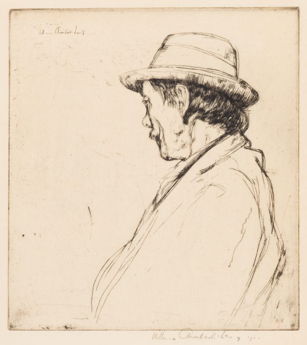 The upper body and profile of the artist who looks to the left and is wearing a hat.