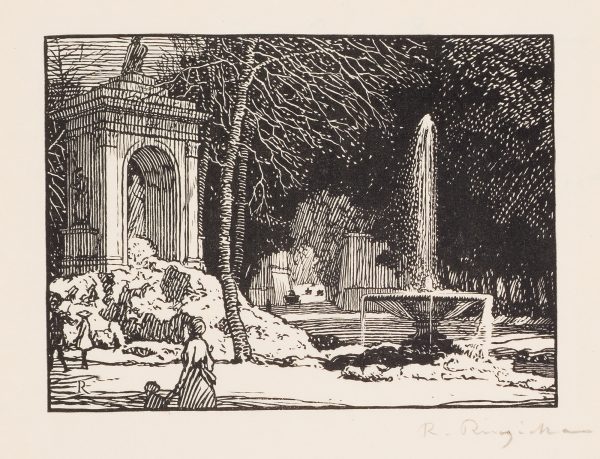 Figures around a flowing fountain with a monument to the left.