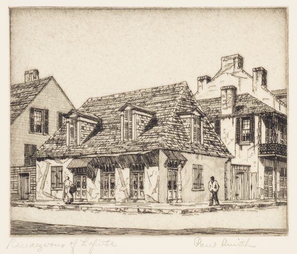 A large cottage is flanked by other buildings; a figure approaches from the right.
