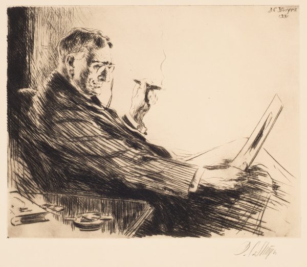 A man sits in a chair with a side table to his proper right. He smokes a cigar and admires a print.