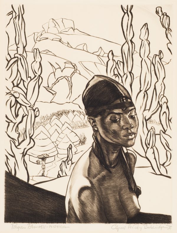 The head and shoulders of a nude-young Nigerian girl. There is a sketch of an African village in front of mountains in the background.