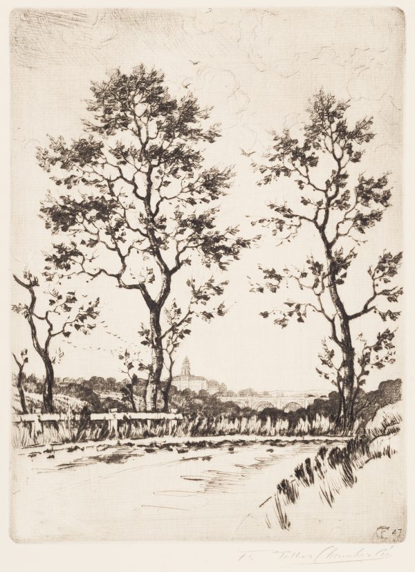 A landscape with tall trees in the foreground and a cathedral in the far distance. A road curves from the bottom left to the center right. An low arched bridge is at center.