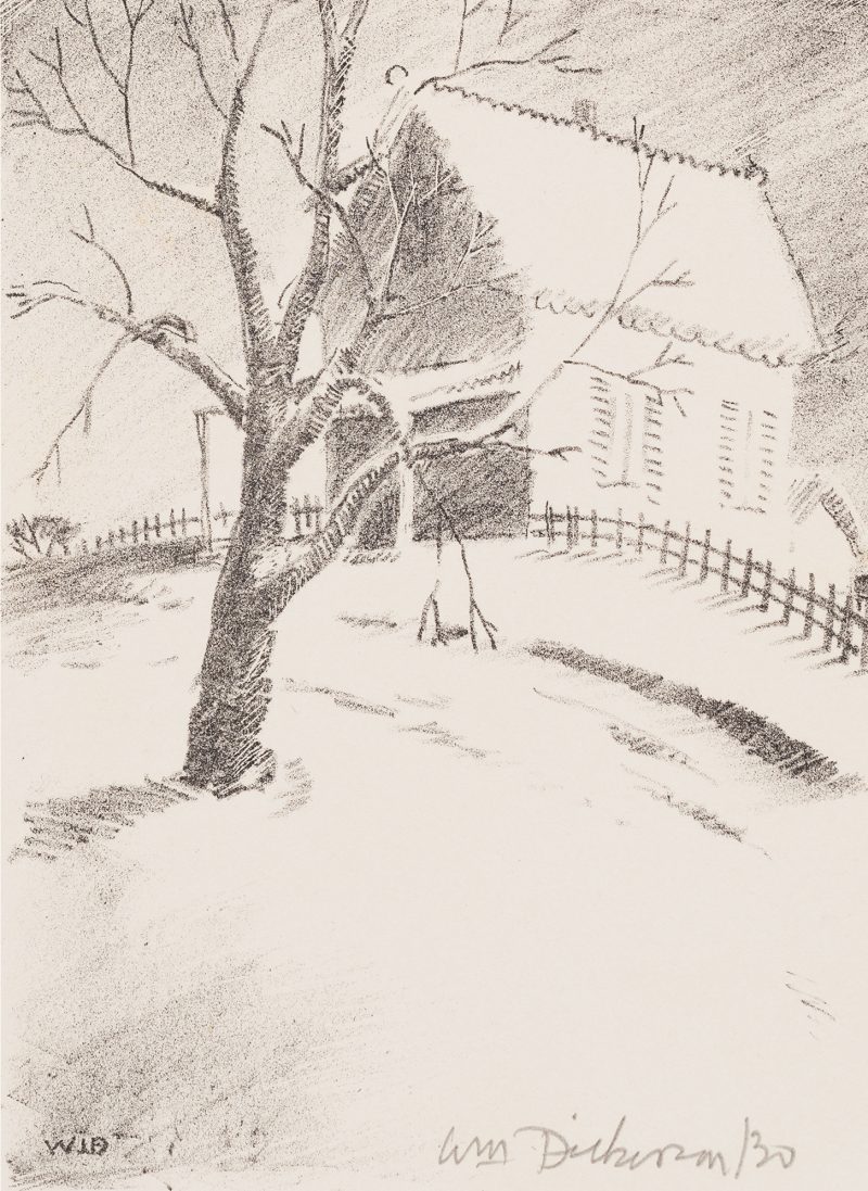 A snowy house stands with a picket fence and a barren snowy tree in front of it.