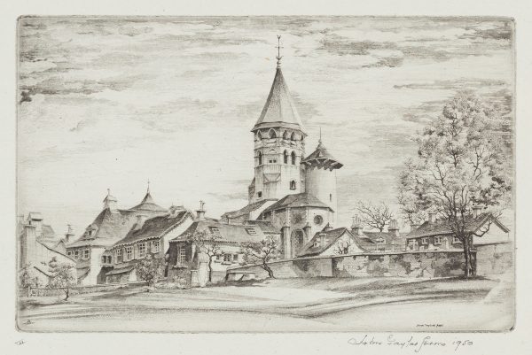 French church series no. 53. The print depicts a small village with low towers in the background.
