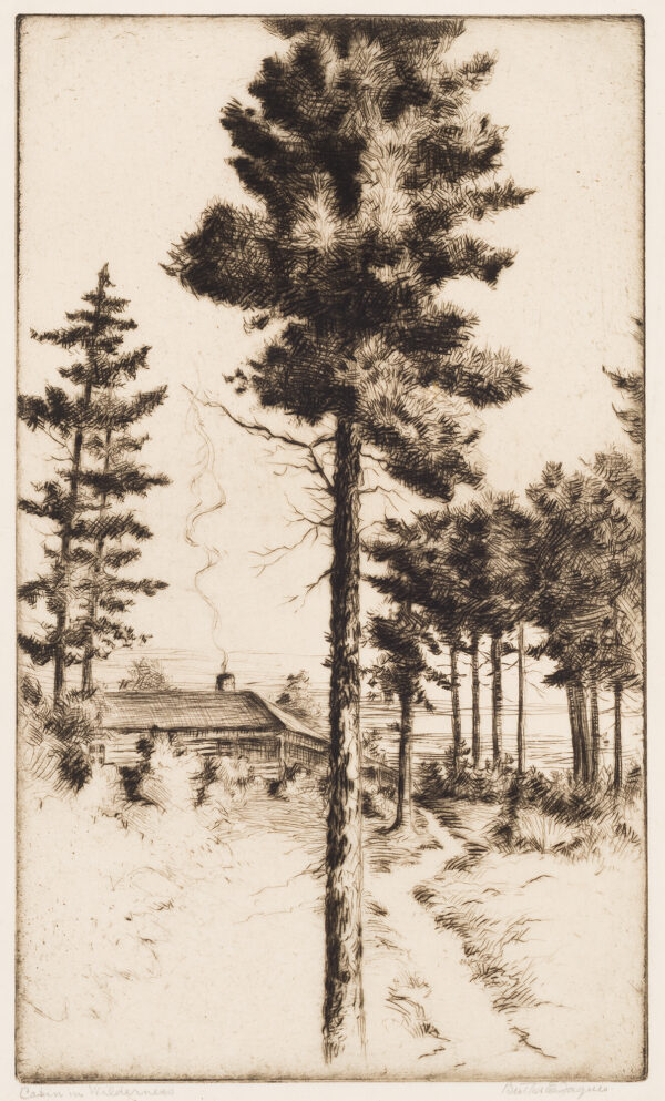 A cabin with smoke coming from the chimney in the middle distance with pine trees to the right and left, as well as one tree in the center, that fills the print from top to bottom.