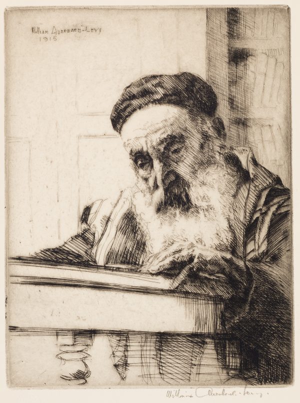 An elderly scholar reading. He wears a hat and has a full white beard.
