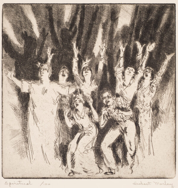 A group of figures raise their arms to the heavens; their shadows are projected on the wall behind.