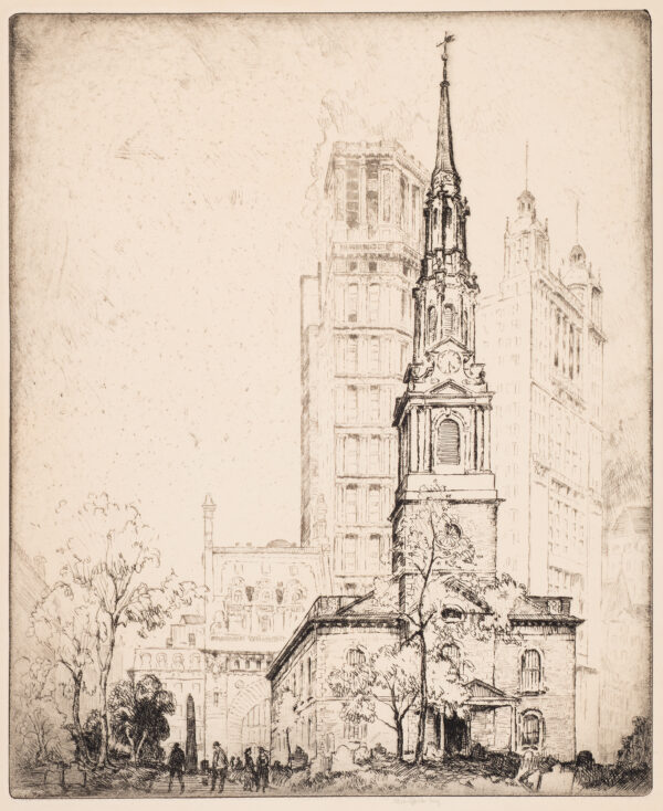 A church with a tall steeple is in the foreground with other buildings behind.