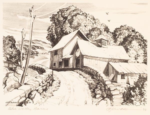 A row of out-buildings line the right side of the print, a rock edged road leads in front of them and telephone poles line the left.