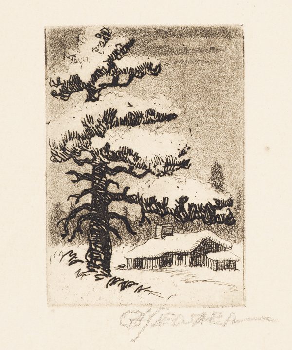 A tall pine tree is on the left, towering over a cabin below. The cabin and tree are covered in thick snow.
