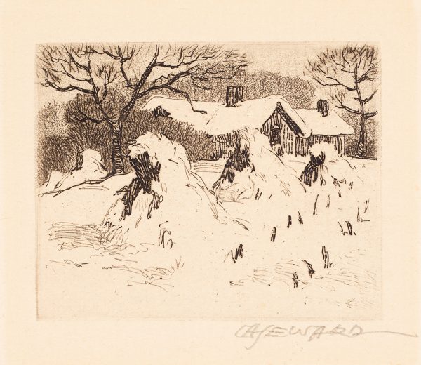 Corn shocks stand in rows in front of a house with two chimneys and tress on either side and in back of the house. There is snow on the ground and roof of the house.