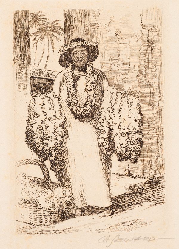 A woman stands with Leis on both arms, around her neck and around the brim of her hat. There is a basket with more Leis to her right. Behind her are tall walls and palm trees.