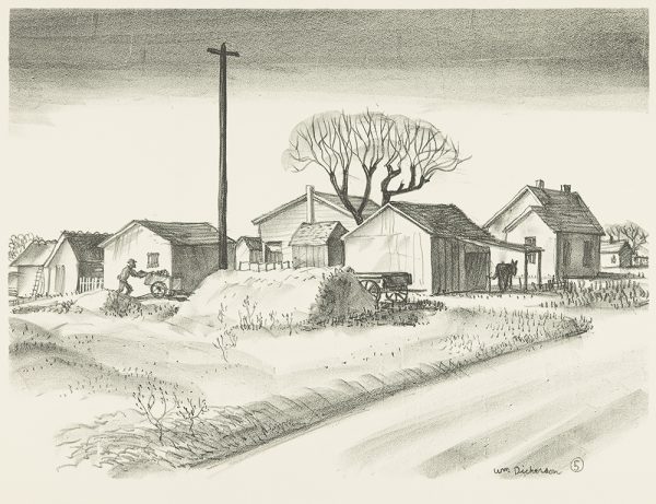 A road runs from bottom center to center right. An empty lot is in the foreground with multiple buildings in the background. A donkey is under a roof at the right and a man moves vegetables from a small cart at left. In the center is a tree and telephone pole, with a hay stack and wagon below.