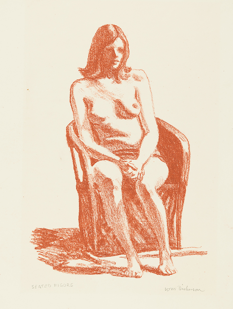 A young woman poses nude in a chair, looking down, sitting with hands clasped.
