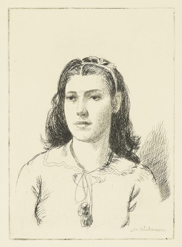 A 3/4 bust of a young girl. She has shoulder length hair, parted in the middle with a ribbon in her hair and a string bow with pom-poms at her neckline.