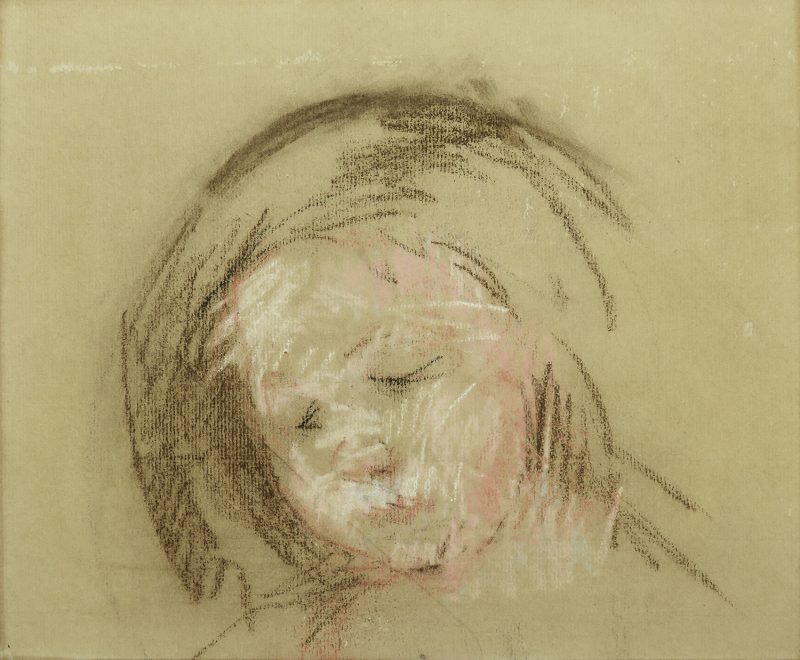 A head of a small child, tilted down, with white and pink highlights and brown hair sketched loosely around the head.