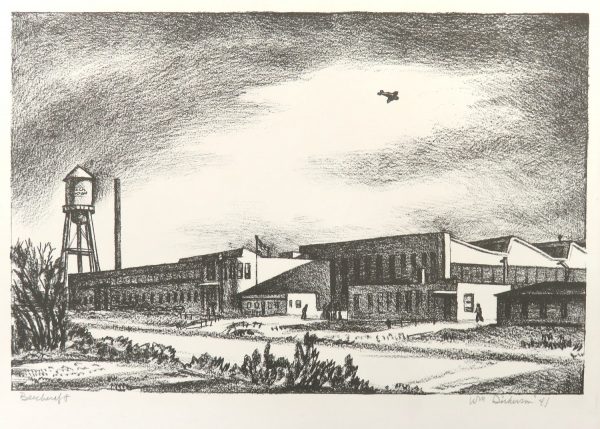 An airplane flys over the Beechcraft building with water tower at the left and two figures in front of the building