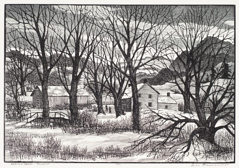 Two silhouetted figures are between a barn and farmhouse. Trees are in the foreground and low mountains in the background. The trees have no leaves and there is now on the ground. A small bridge is at the left.