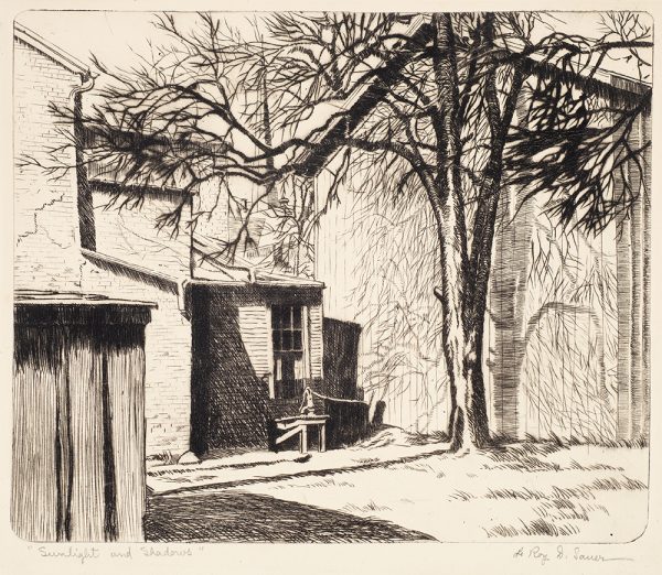 A backyard of a water pump at center and tree at right, both next to buildings made of brick and clapboard. The tree and buildings casts shadows.