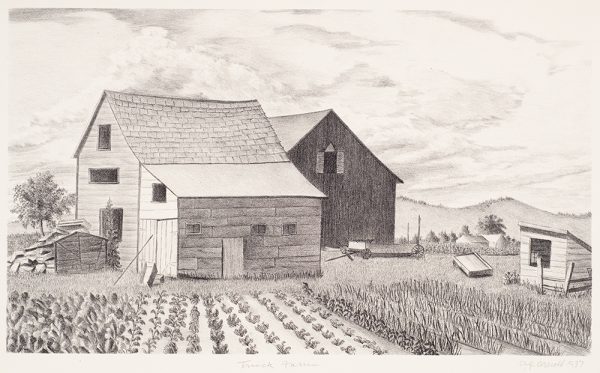 A neat garden is in the foreground with several barns behind. At the right are hills in the distance and clouds are in the sky.
