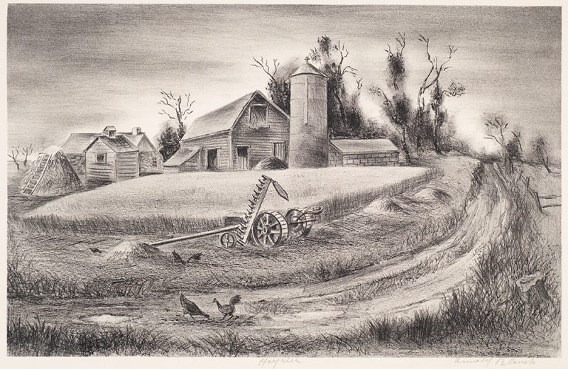 A hay rick is at center with chickens on a road running from bottom center toward the top right. Behind is a farm with barns, a silo and trees.