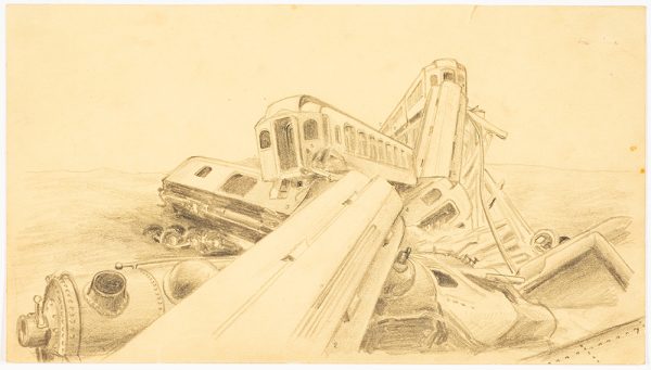 A scene of many train cars piled up in a serious wreck.