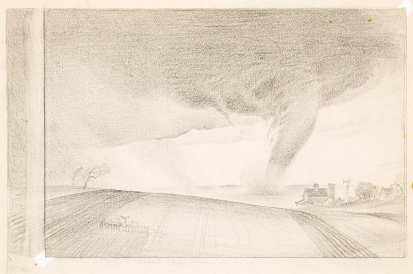 A tornado at center heads for a small farm with barns and windmill at right. There is a farm implement and lone tree in the empty field at left.
