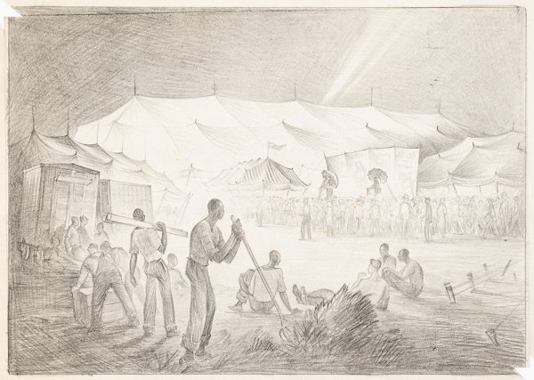 At center is a man leaning on a pitchfork, with other workers behind and in front of him. There is an open stage with two figures holding umbrellas, in the distance, in front of the big top.