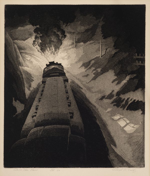 A train rises from the bottom edge toward the center where a bright light shines. The view is from the top of the train.