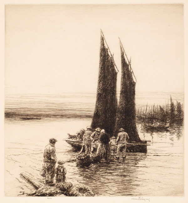 A group stands in low water before a boat with two black sails