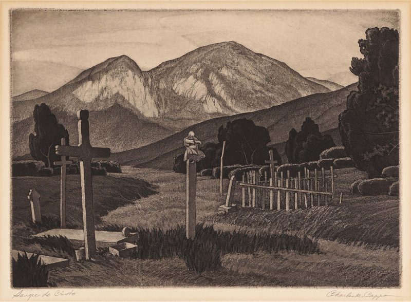 A cemetery composed of wood crosses and concrete slabs. Behind are tall mountains. In the cemetery, at center a figure is carved on top of a plank of wood.