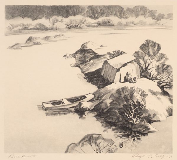 A bearded man sits with his back against a shack on a small island. His boat is on the left and a bank of trees can be seen in the distance.