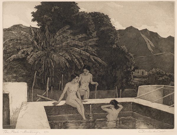 Three nude women lounge in and around a pool. They are surrounded by trees and vegitation with mountains and a house in the background.