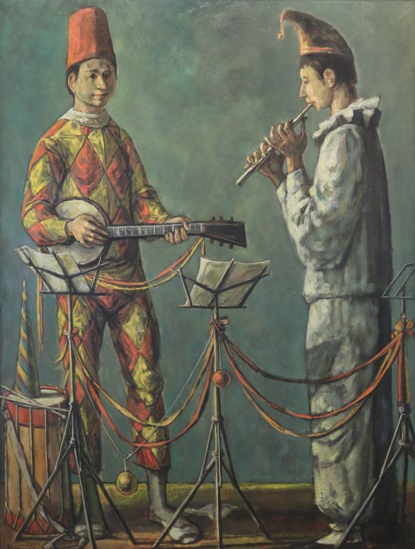 A man in a Harlequin costume plays a banjo at the left and a man in white plays a flute. Both wear hats and in front are music stands with ribbons draped between the stands.