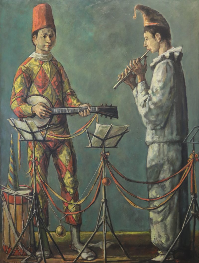 A man in a Harlequin costume plays a banjo at the left and a man in white plays a flute. Both wear hats and in front are music stands with ribbons draped between the stands.