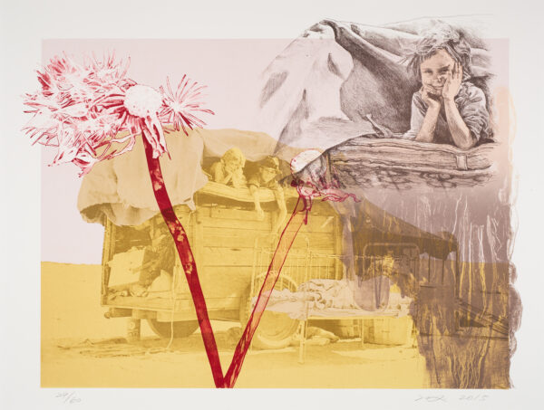 In the upper right a small girl smiles from the side of a wagon. A thistle is at top left, over a different view of the wagon, this time with both the girl and boy.