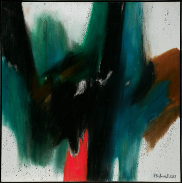 An non-objective painting, in green, black, pink and browns.