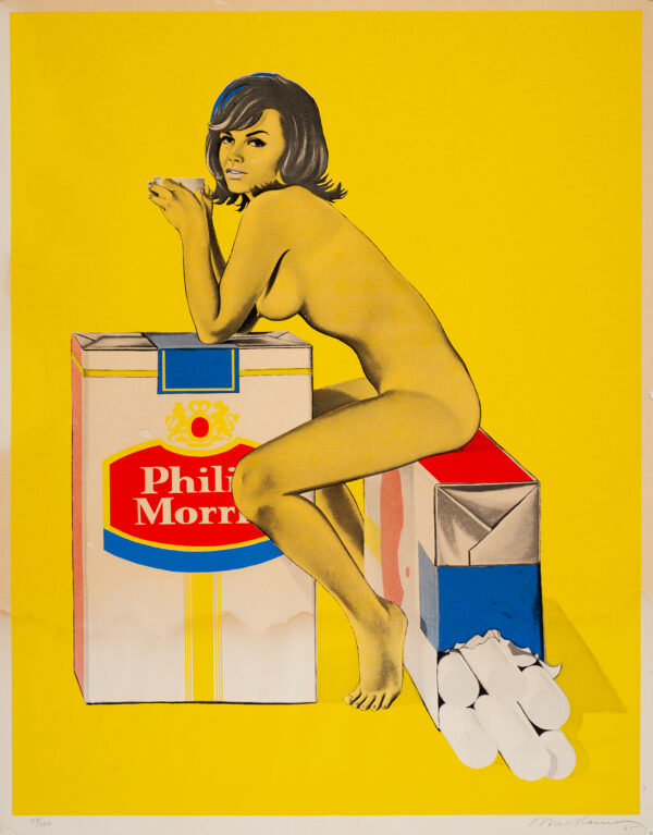 A nude female sits and leans on two oversized cigarette packages. She holds coffee cup and smiles at the viewer.