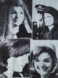 Four views of Jackie Onassis (Jacqueline Lee Kennedy Onassis), black over silver.
From MoMA: Warhol based these screenprints on press images he collected in the months following President John F. Kennedy's assassination. He chose iconic scenes of Jacqueline Kennedy just before and after she was widowed and cropped them closely around her face. While Jackie's changing expression amounts to a timeline of the tragedy, the metallic ink surfaces, perfectly flat and devoid of any surrounding activity, render the scenes more abstract, both formally and emotionally.
