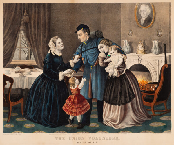 Soldier in parlor of home saying goodbye to wife, children and older woman. By 1863, when the series The Union Volunteer was published it was evident that the Civil War would not be brief and that many lives would be lost. The family is pictured near the fireplace with concern on their faces as the soldier prepares to leave. Currier & Ives expressed the grief and sorrow experienced by the country through the tears shed by the volunteer’s wife.