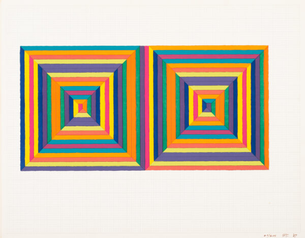 A pair of multicolor squares, divided into triangles seen with a graph paper background.