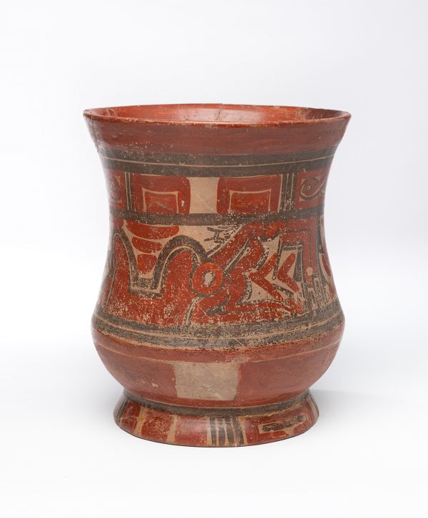 A footed vessel with low shoulder, flared upper rim. The design is an abstacted animal, repeated on two sides. The top and bottom friezes are geometric designs.