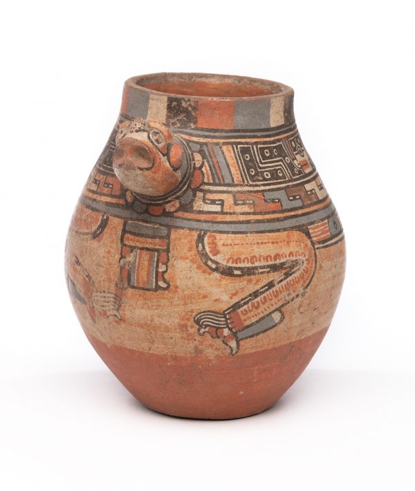 A flat bottom jar with rounded middle, short neck. There is an animale head projecting out from near the top, and the frieze around the upper part of the jar has smaller heads alternating with a black decorative rectangle. The animal has large legs painted on the lower half.