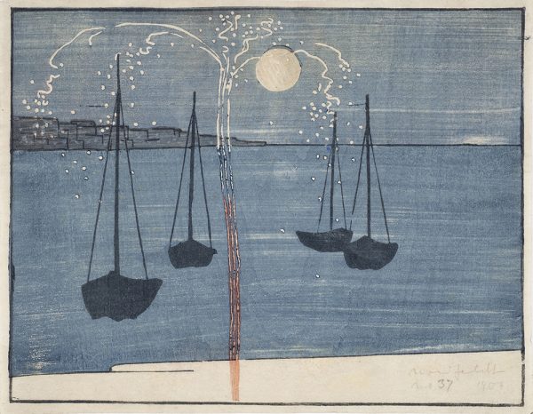 Four sail boats, with sails down, are moored in a cove. The moon and fireworks are above the boats.