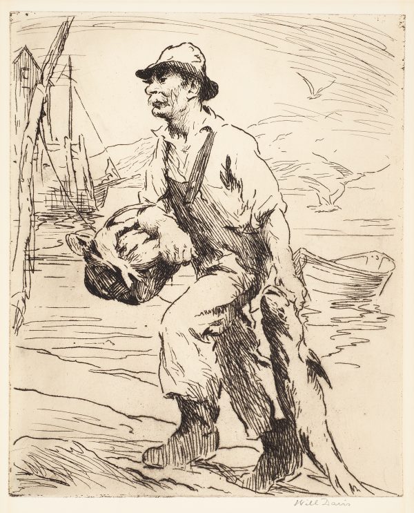 A fisherman carries a full basket of fish in his right arm and a large fish is draged with his left hand. Boats , seagulls and dock are in the background.