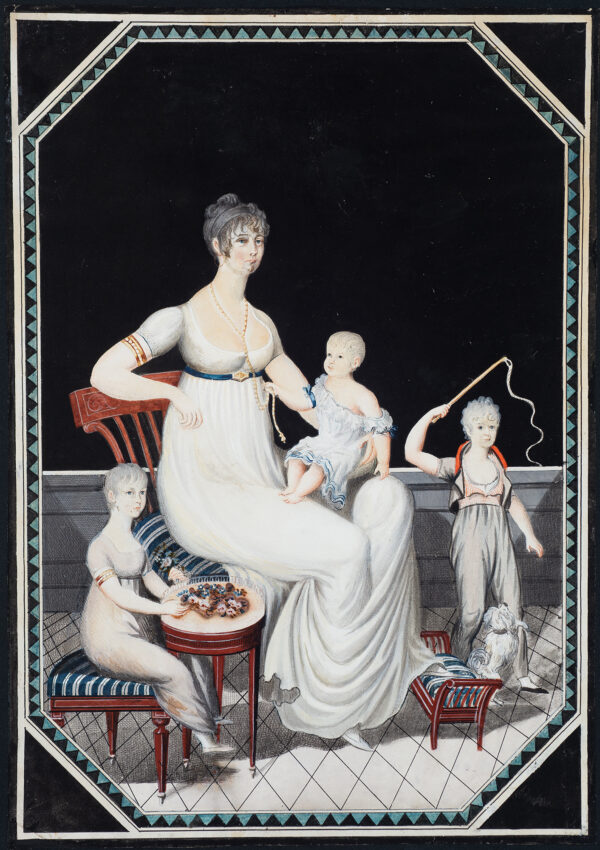 A woman sits with an infant on her lap. A young boy stands to her right with a whip over his head and small dog at his feet., A young girl sits to her left working on an embroidery project.