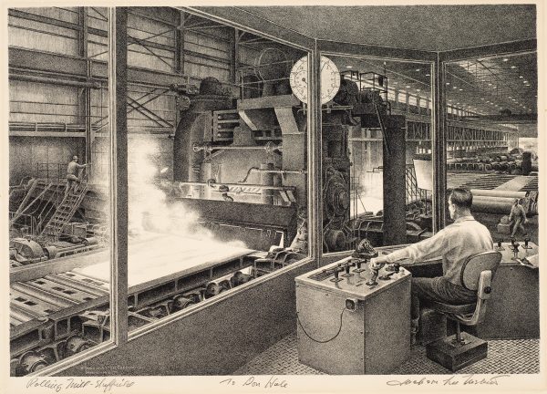 A scene of industrial manufacturing. A man sits in a glass booth looking onto a machine. His hands are on shifts and knobs that control the larger machine milling metal. So other men are in the scene at right and left.
