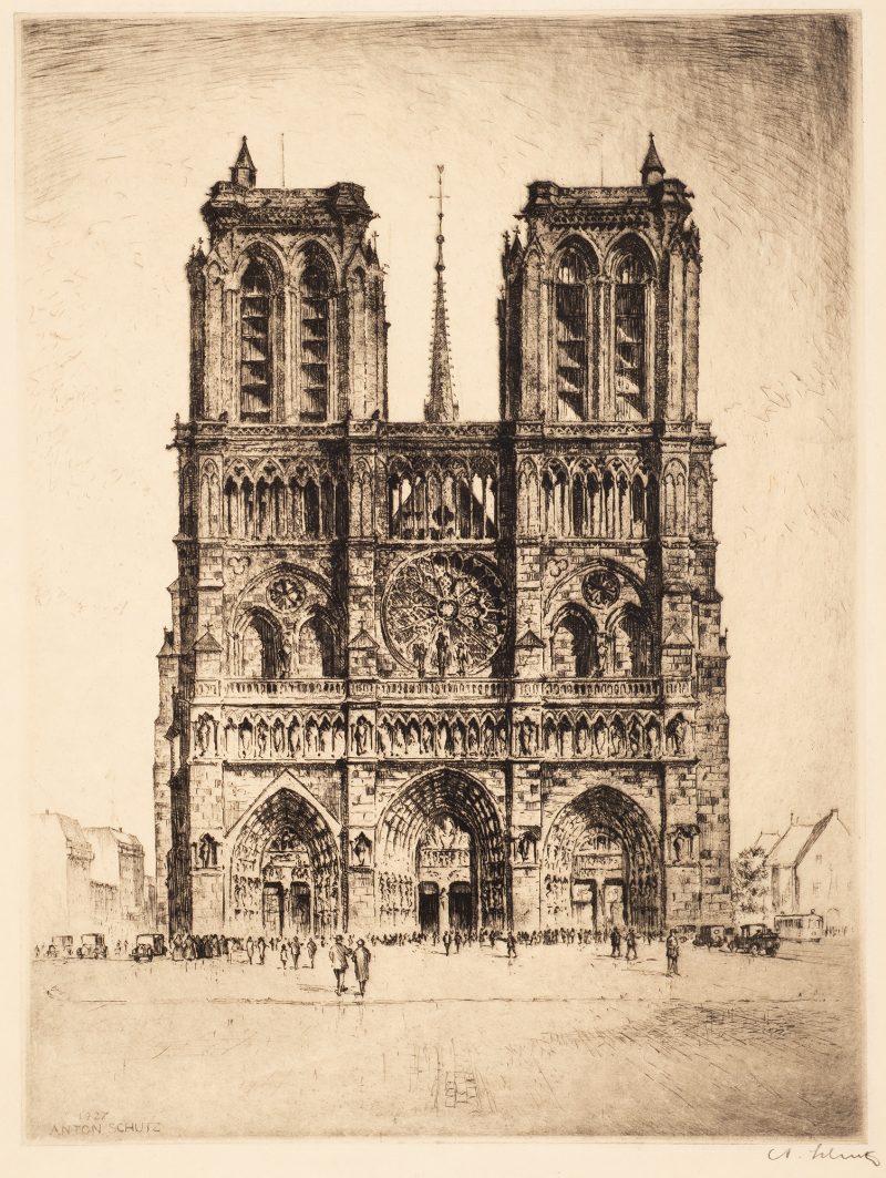 A view of the Abbey from a low vantage point, including the plaza.